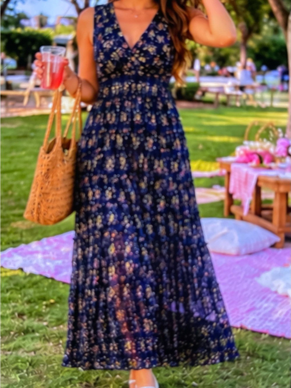 Max Studio Navy Floral V-Neck Maxi Dress